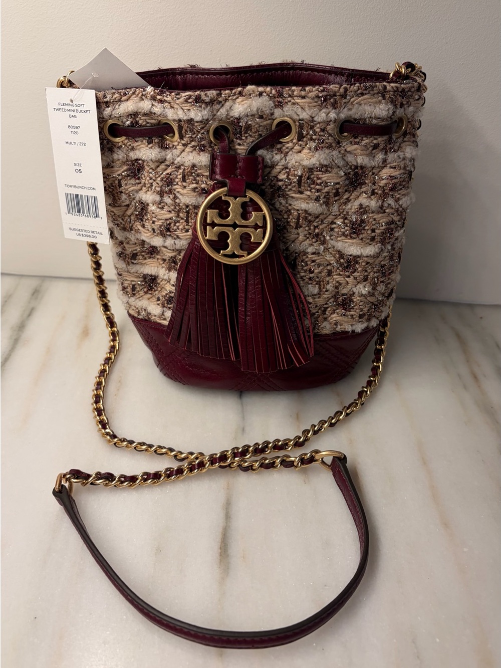 Tory Burch Burgundy Leather & Tweed Tassel Mini Bucket Crossbody